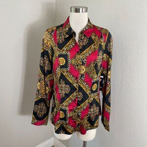 NEW Guess Womens Medium Baroque Satin Button Up Shirt Milano Tile Red Blouse